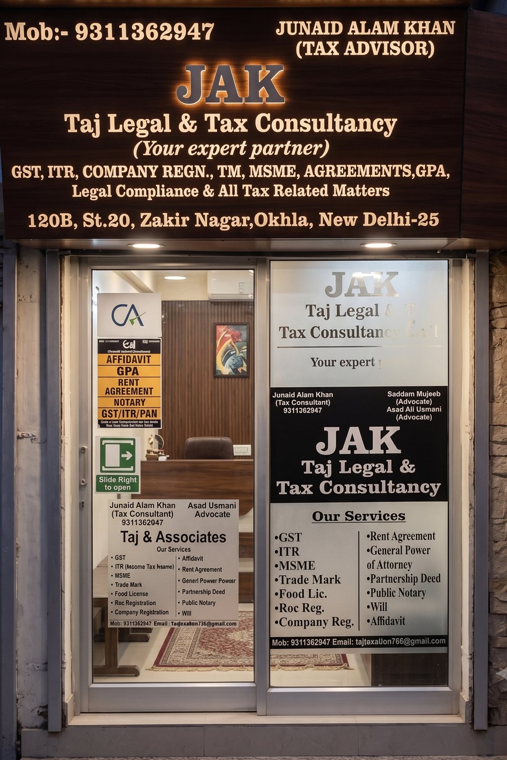 Taj Legal & Tax Consultancy office front — JAK, Zakir Nagar, Okhla, New Delhi